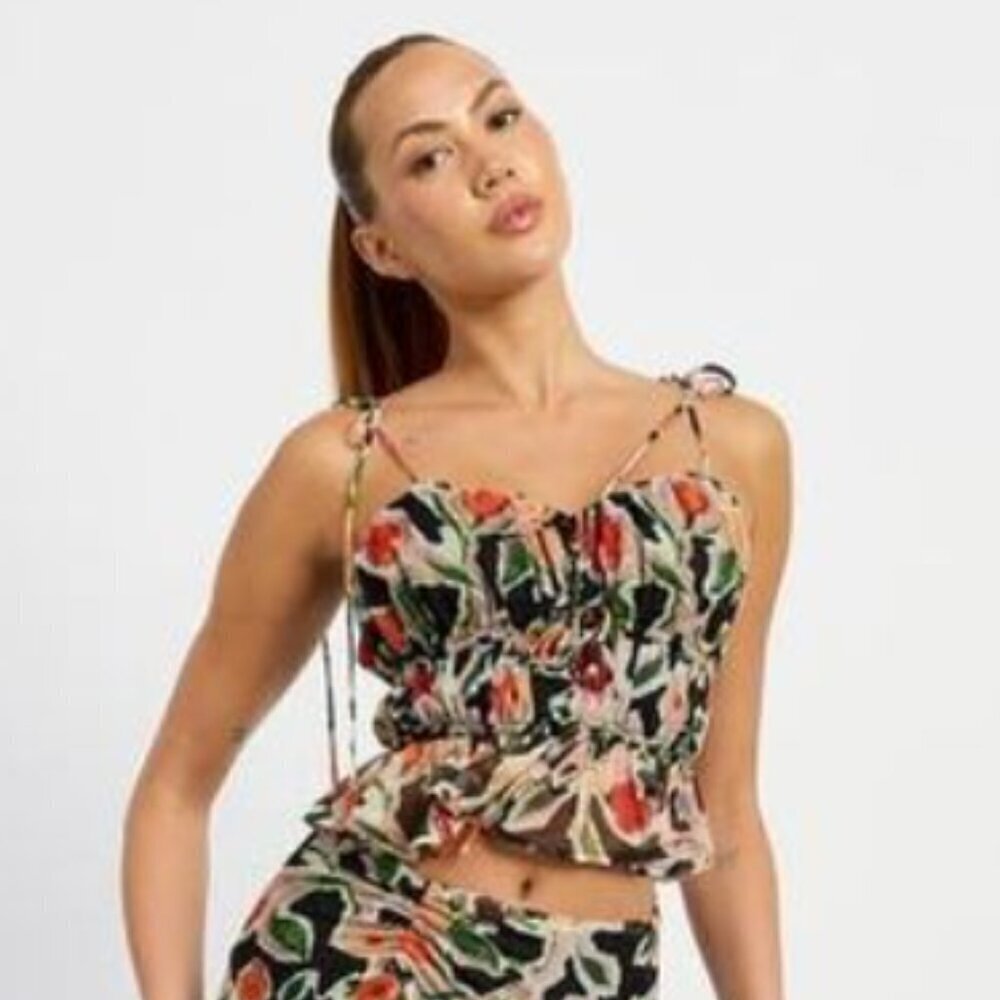 NWT En Saison Eden Chiffon Tank Top Blk Multicolor Floral Adjustable Tied Blouse